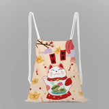 Lucky Cat Print School Backpack Girls Drawstring Bag String Bag