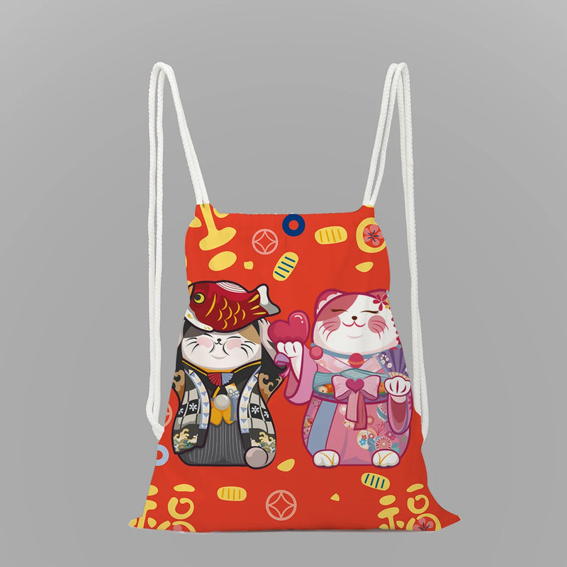 Lucky Cat Print School Backpack Girls Drawstring Bag String Bag
