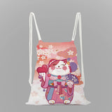 Lucky Cat Print School Backpack Girls Drawstring Bag String Bag