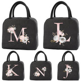 Pink Flower Letter Print Lunch Bag Cooler Tote Insulated Thermal Canvas