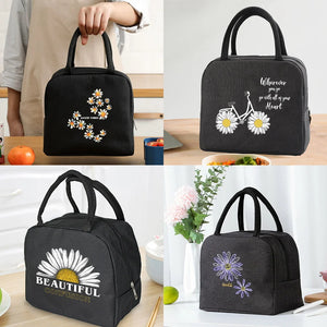 Daisy Print Lunch Bag Cooler Tote Portable Insulated Zipper Thermal Canvas Bag