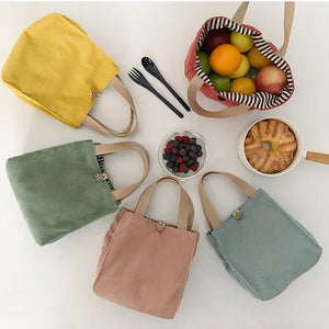 Corduroy Canvas Lunch Bag Picnic Tote Cotton Cloth Handbag