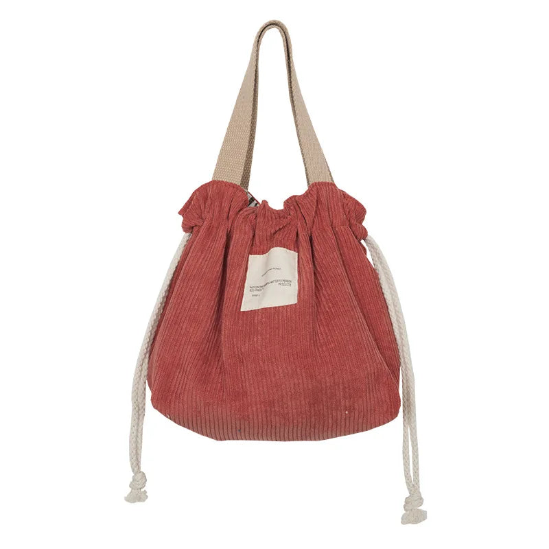 Corduroy Canvas Lunch Bag Drawstring Picnic Tote Eco Cotton Cloth Handbag