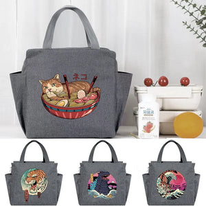 Insulated Japan Cat Print Lunch Bag Thermal Portable Bento Pouch High Capacity