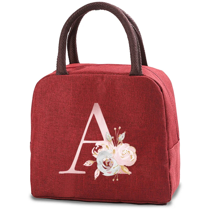Insulated Picnic Carry Case Pink Flower Letter Print Lunch Bag
