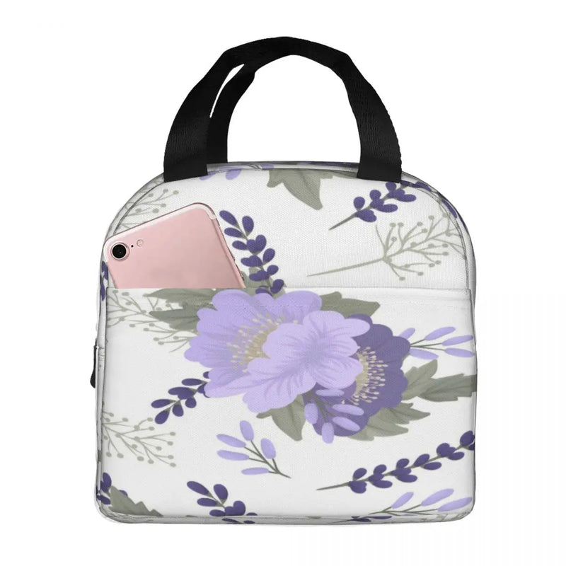 Purple Flower Thermal Insulated Lunch Bag Tote Cooler