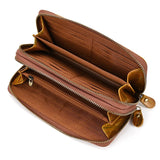 Double Zipper Cowskin Long Wallet with Wrist Belt