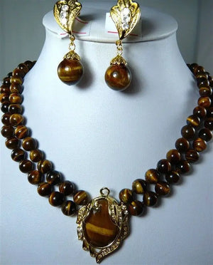 Tiger Eye Stone Necklace Pendant Earrings Set