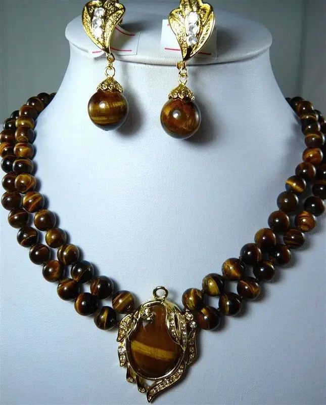 Tiger Eye Stone Necklace Pendant Earrings Set