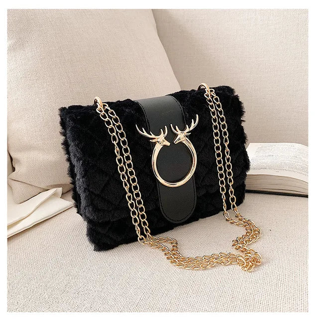 Plush Fur Deer Lock Chain Shoulder Bag Messenger Crossbody Bag