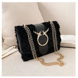 Plush Fur Deer Lock Chain Shoulder Bag Messenger Crossbody Bag
