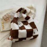 Winter Checkerboard Pattern Fur Tote Shoulder Handbag