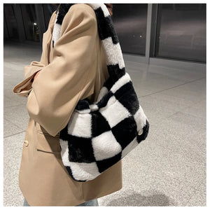 Winter Checkerboard Pattern Fur Tote Shoulder Handbag