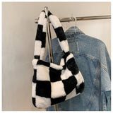 Winter Checkerboard Pattern Fur Tote Shoulder Handbag