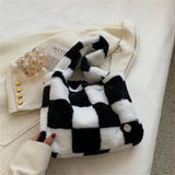 Winter Checkerboard Pattern Fur Tote Shoulder Handbag