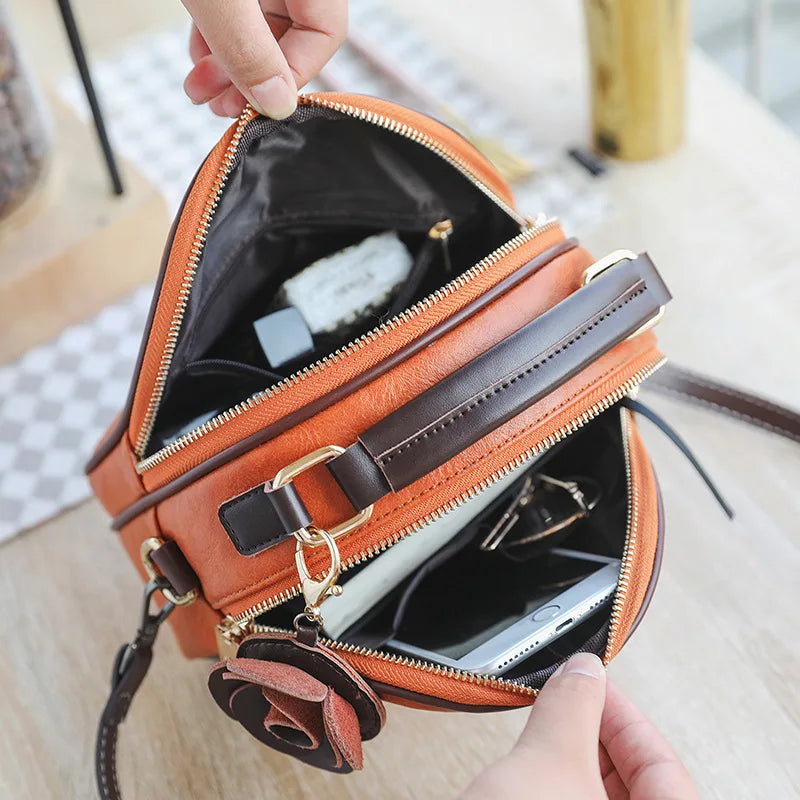 Vintage Leather Women Handbag Floral Shoulder Messenger Bag
