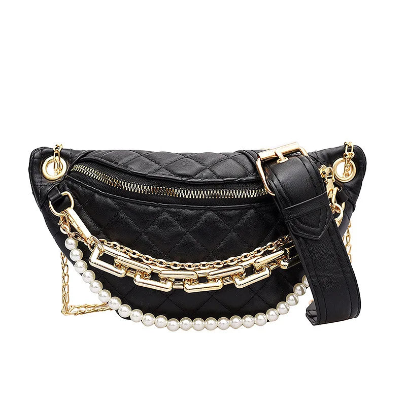 Beading Chain Waist Bag Diamond Lattice PU Leather Fanny Pack Female Waist Pack