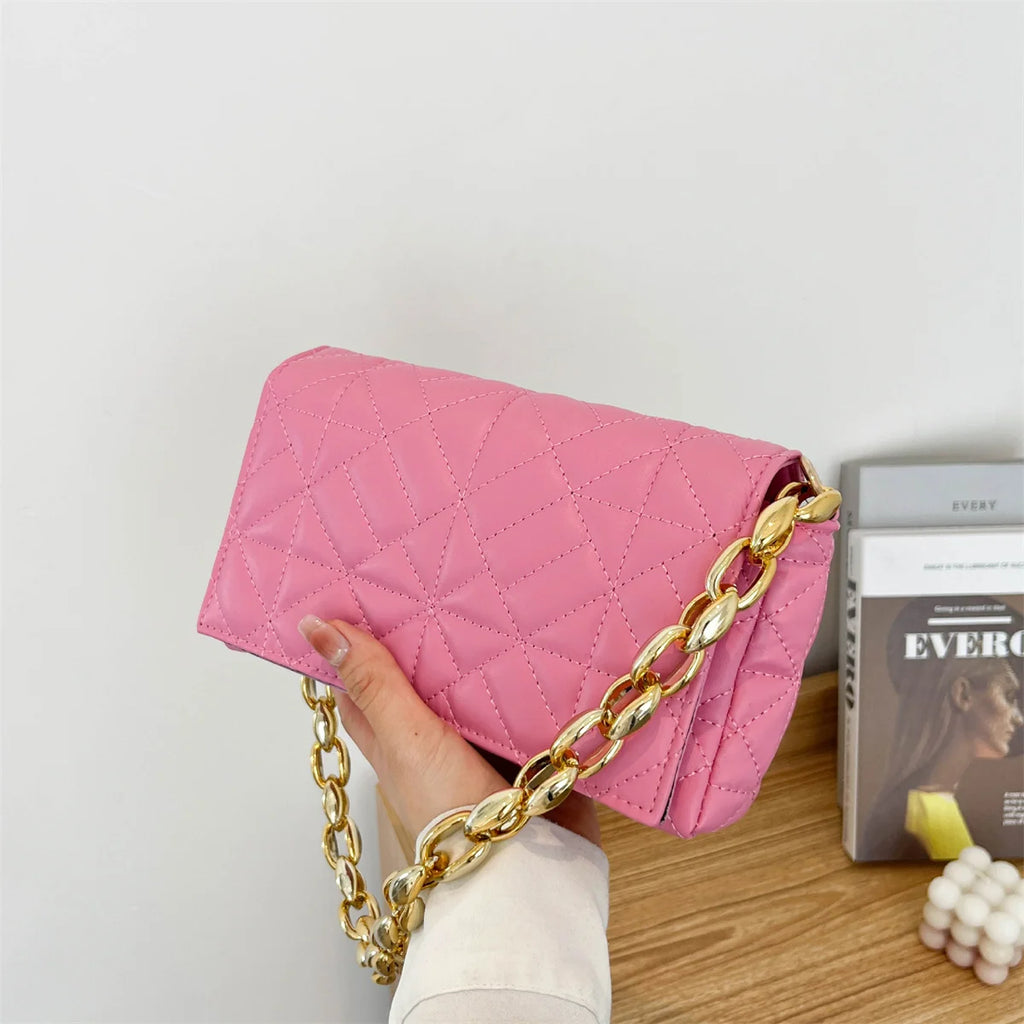 Solid Colors PU Leather Metal Chain Handbag