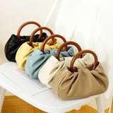 Chain Wood Hool Handle Small Handbag Women Pu Leathee Pleated Cloud