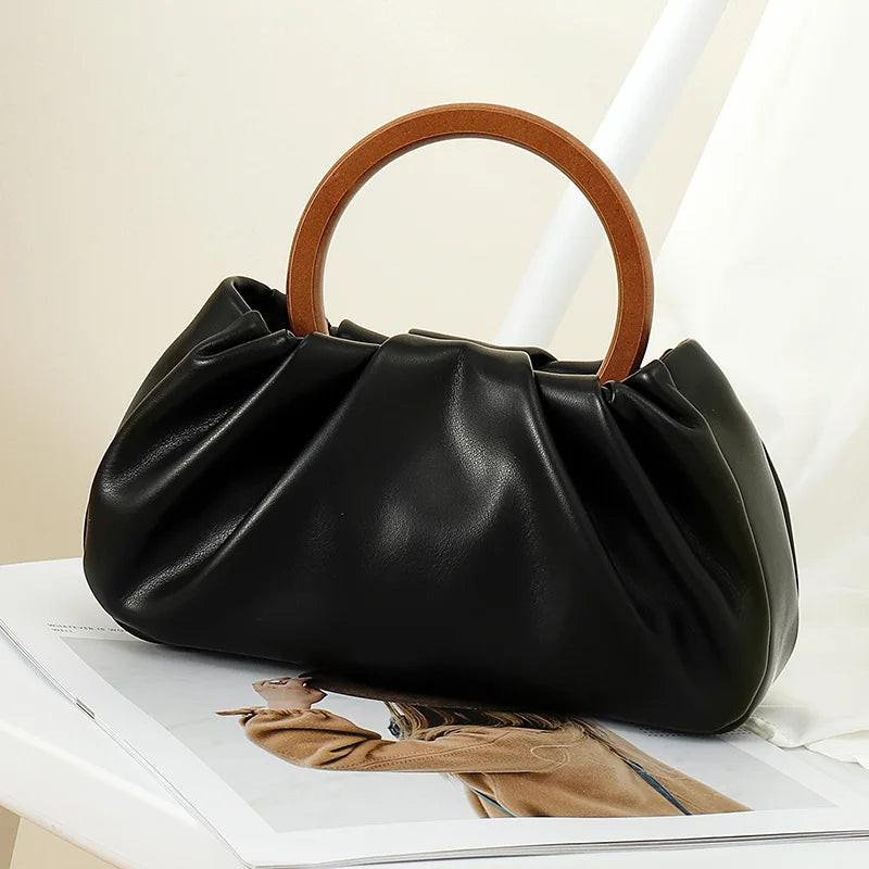 Chain Wood Hool Handle Small Handbag Women Pu Leathee Pleated Cloud