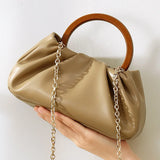 Chain Wood Hool Handle Small Handbag Women Pu Leathee Pleated Cloud