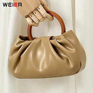 Chain Wood Hool Handle Small Handbag Women Pu Leathee Pleated Cloud