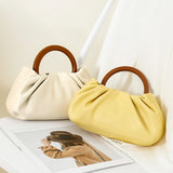 Chain Wood Hool Handle Small Handbag Women Pu Leathee Pleated Cloud