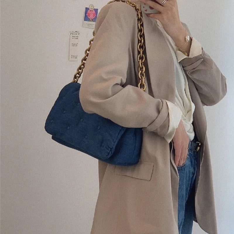 Vintage Denim Chain Shoulder Bag Large Capacity Handbag