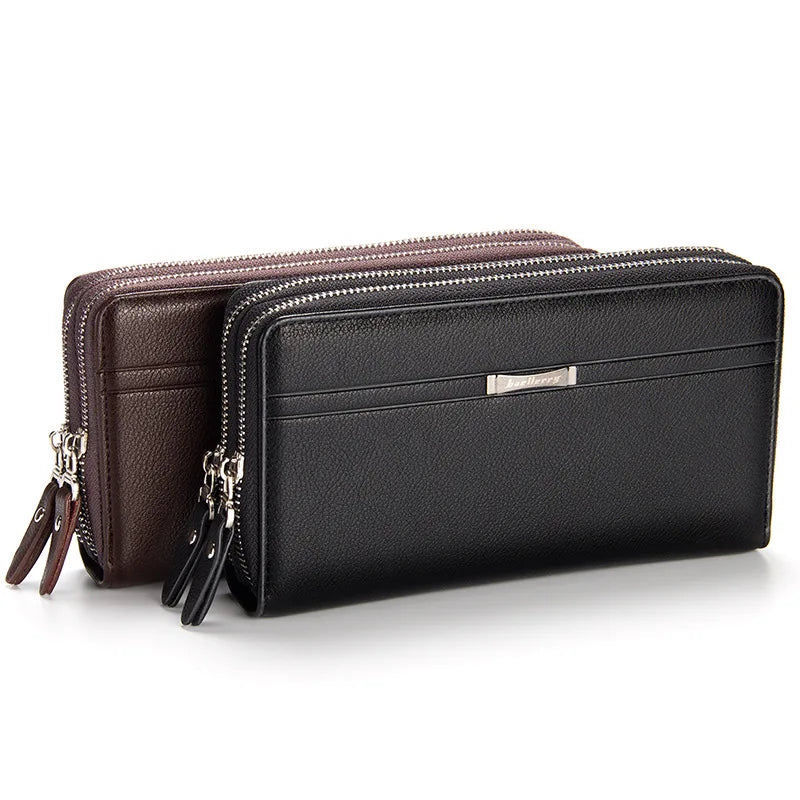 Double Zipper Men Clutch Bags PU Leather Wallet Business Male Vintage