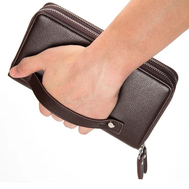 Double Zipper Men Clutch Bags PU Leather Wallet Business Male Vintage