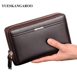 Men Clutch Bag Long Wallet Leather Double Zip Business Purse Brown