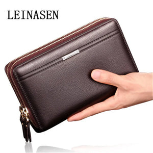 Brown Leather Double Zip Men Clutch Long Wallet Business Purse