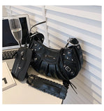Rivet Half Moon Hobo Bag With Mini Purse - Punk Style Satchel Handbag