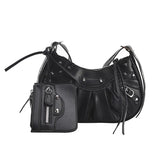 Rivet Half Moon Hobo Bag With Mini Purse - Punk Style Satchel Handbag