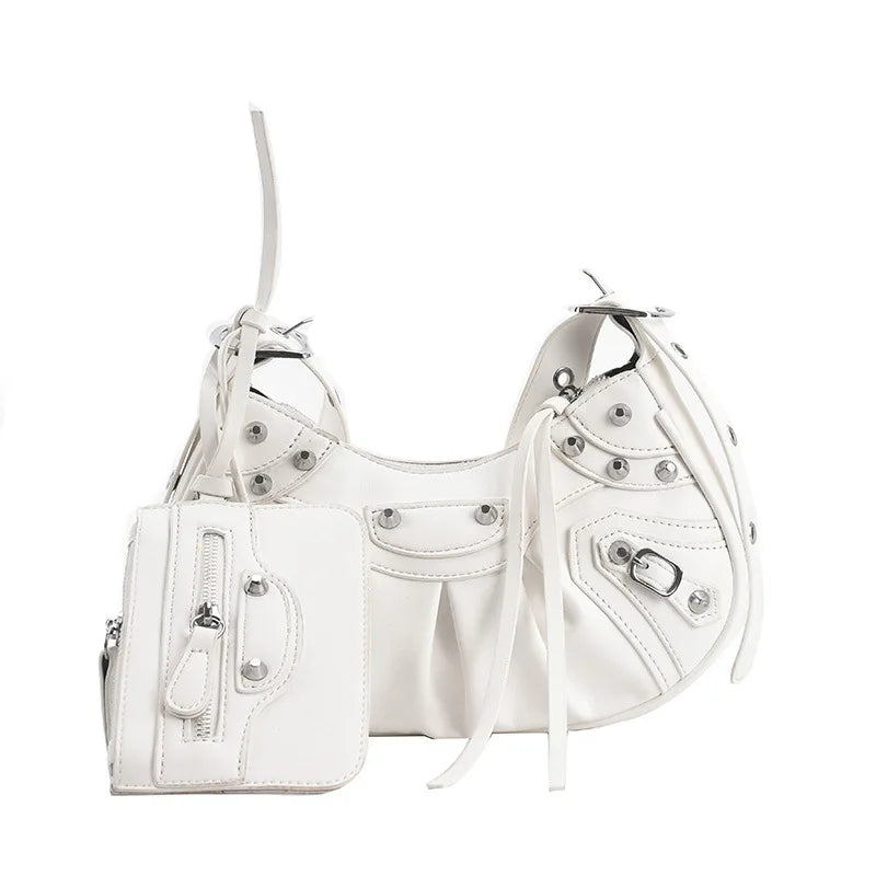 Rivet Half Moon Hobo Bag With Mini Purse - Punk Style Satchel Handbag