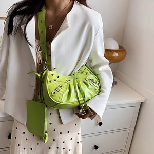 Rivet Half Moon Hobo Bags with Mini Purse Lady Shoulder Bag Punk Style Handbag