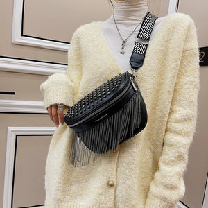 Tassel Leather Waist Bag Rivet Desing Large Capacity Crossbody Chest Pack Purses