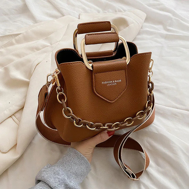Women's Leather Bucket Bag Crossbody Chain Tote Handbag