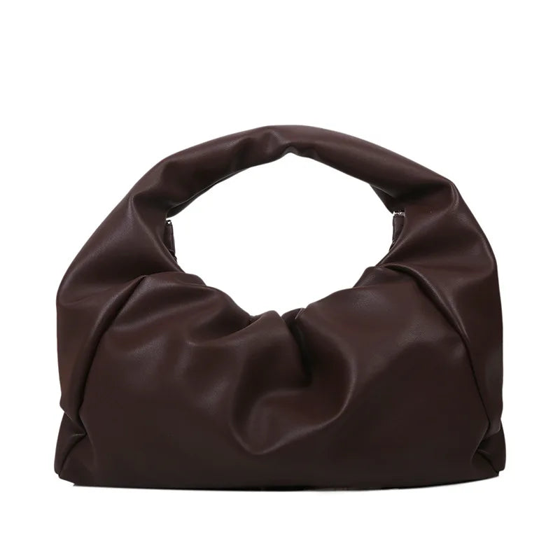 Big Half Moon Bag Ruched Shoulder Bag Soft PU Leather Top-handle Tote