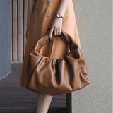 Big Half Moon Bag Ruched Shoulder Bag Soft PU Leather Top-handle Tote