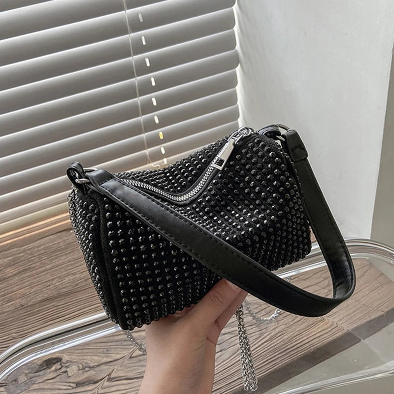 Bright Diamond Shoulder Bag Women PU Leather Chains Messenger Handbag