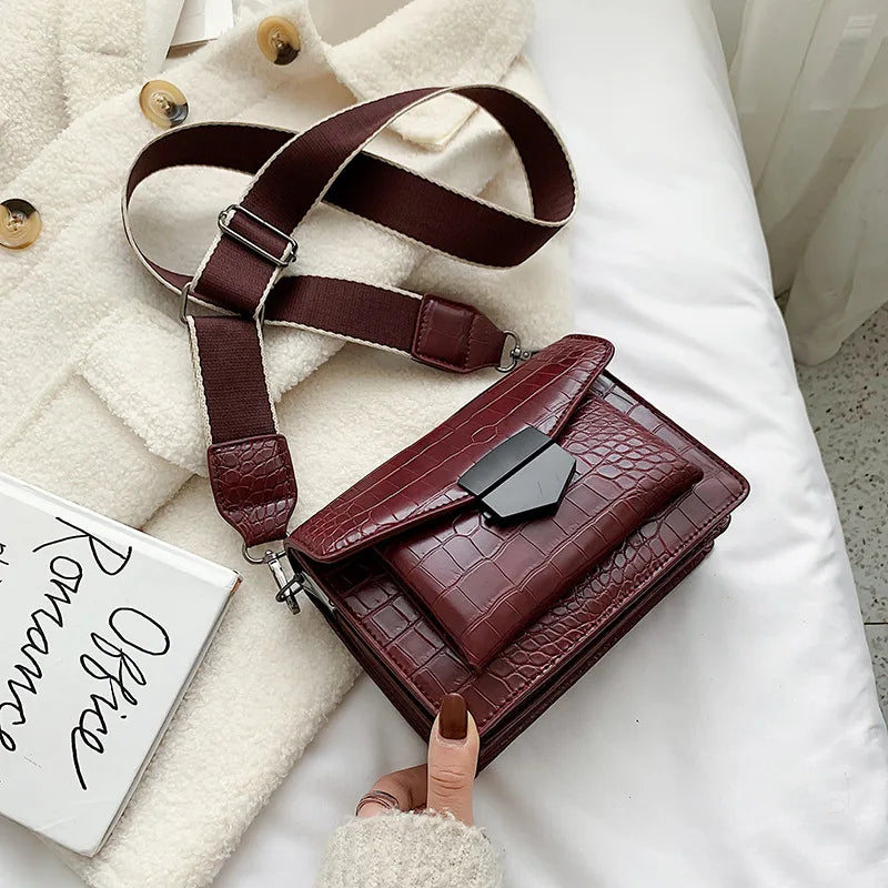 Crocodile Striped Crossbody Shoulder Bag Women Leather Messenger Handbag