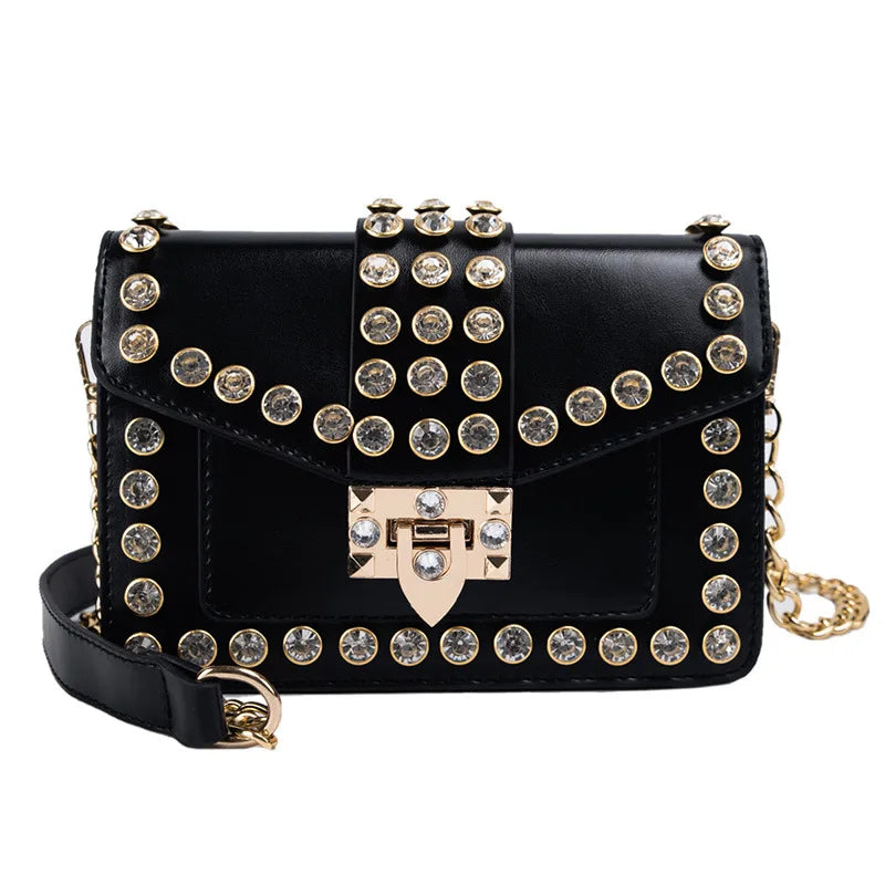 Rivets Diamond Leather Flap Small Square Shoulder Bag