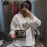 Rivets Diamond Leather Flap Small Square Shoulder Bag