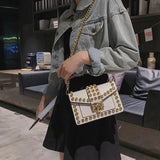 Rivets Diamond Leather Flap Small Square Shoulder Bag