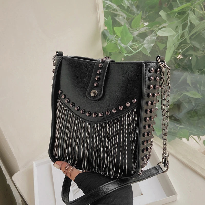 Rivet Shoulder Bag Fringed Crossbody Purse