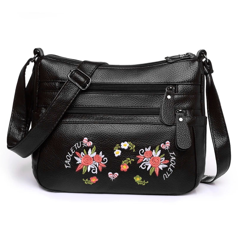 Embroidered Flower Pattern Ladies Shoulder Bags Leather Crossbody Bag