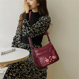 Embroidered Flower Pattern Ladies Shoulder Bags Leather Crossbody Bag