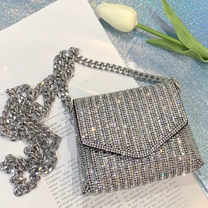 Rhinestone Chain Clutch Evening Bag Silver Crystal Handbag