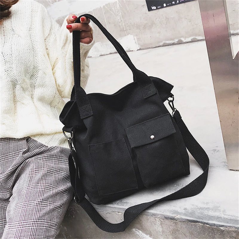 Large Canvas Tote Bag Solid Colors Casual Shoulder Crossbody Travel Purse